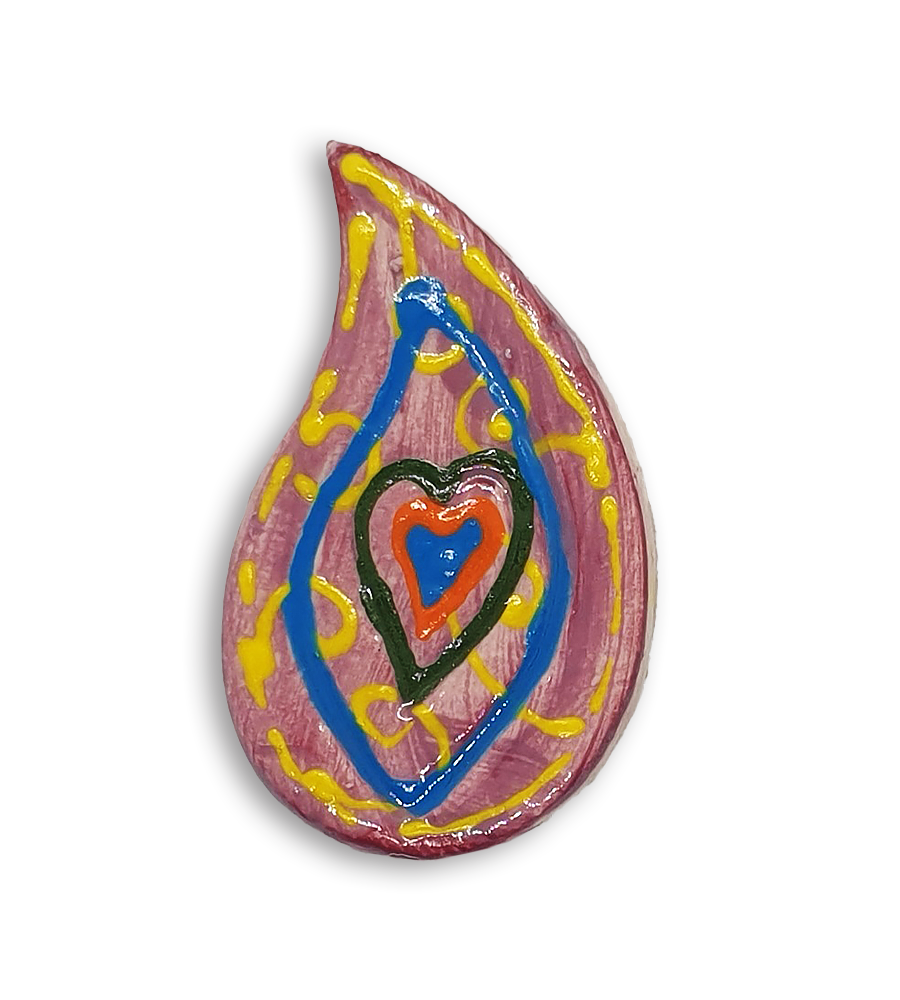 A hand-painted pink teardrop boteh boho motif ceramic mosaic insert with a blue heart design and blue detailing.