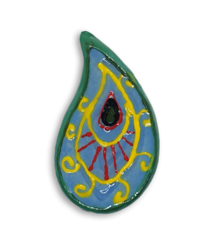 A hand-painted blue teardrop boteh boho motif ceramic mosaic insert with yellow detailing.