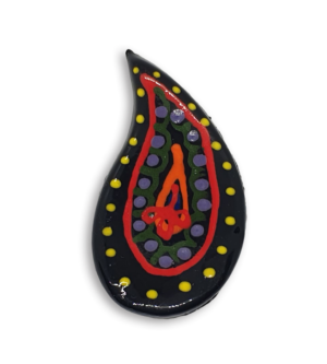 A hand-painted black teardrop boteh boho motif ceramic mosaic insert with red, yellow, green and purple detailing.