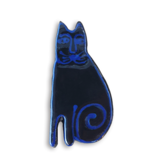 A hand-painted black and blue cat ceramic mosaic insert.