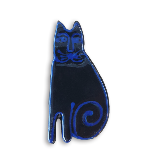 A hand-painted black and blue cat ceramic mosaic insert.