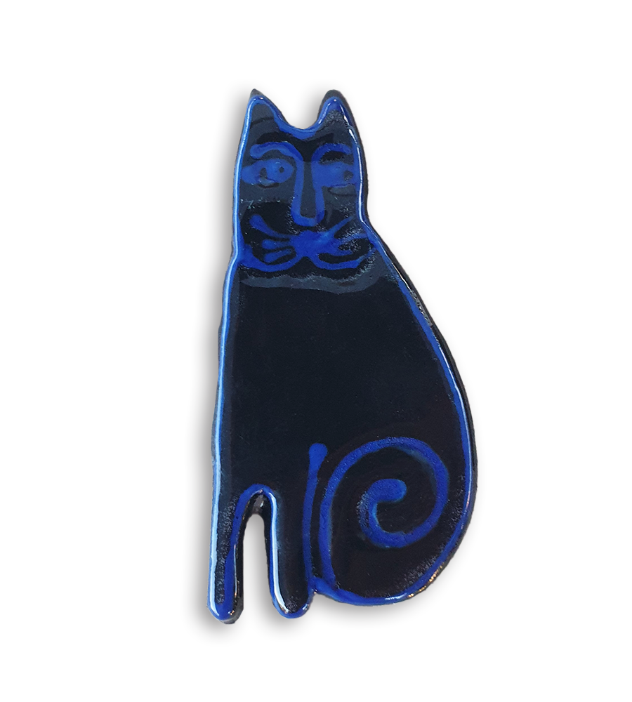 A hand-painted black and blue cat ceramic mosaic insert.