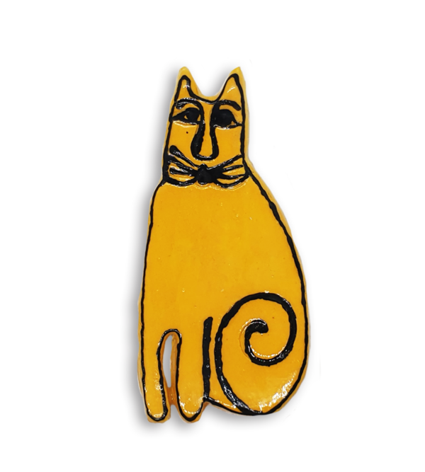 A hand-painted black and yellow cat ceramic mosaic insert.