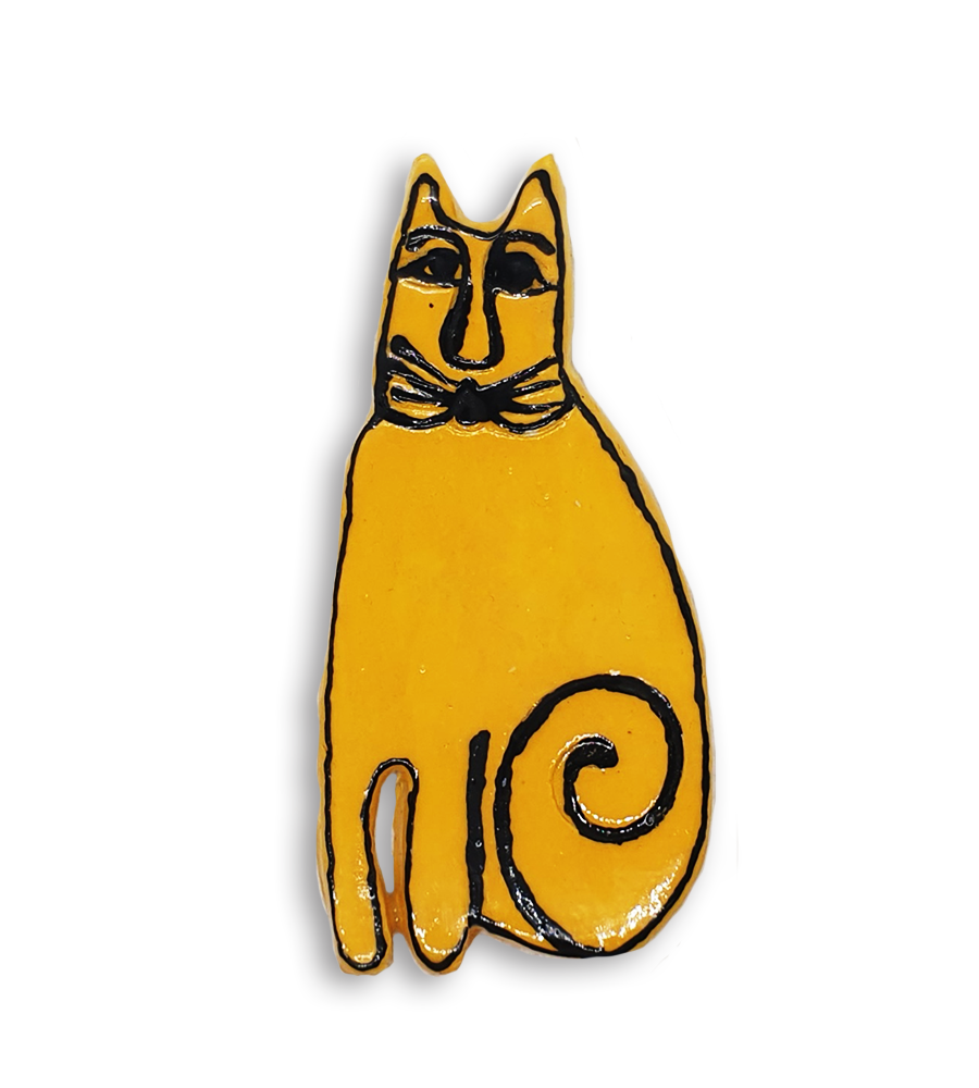 A hand-painted black and yellow cat ceramic mosaic insert.