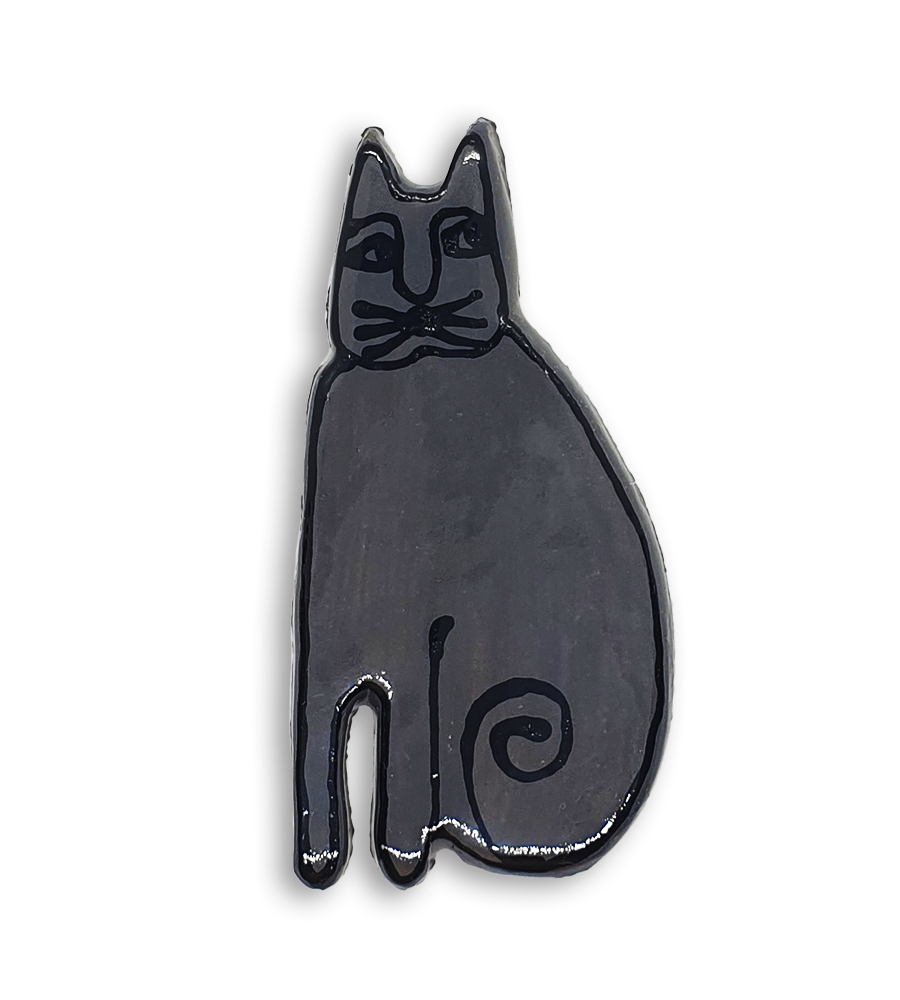 A hand-painted black and grey cat ceramic mosaic insert.