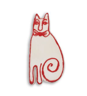 A hand-painted white and red cat ceramic mosaic insert.