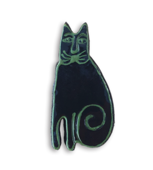 A hand-painted black and green cat ceramic mosaic insert.