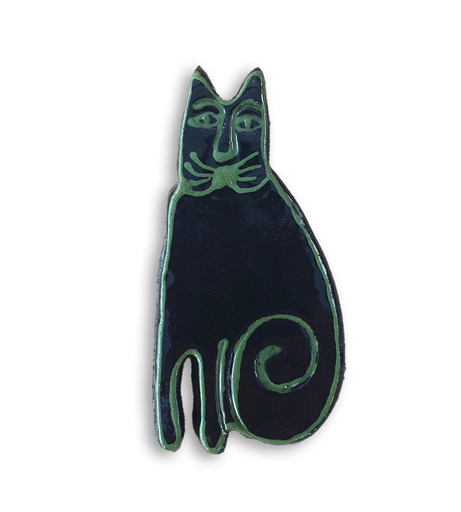 A hand-painted black and green cat ceramic mosaic insert.