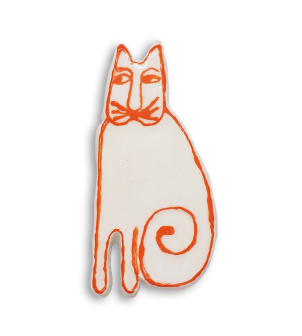 A hand-painted orange and white cat ceramic mosaic insert.