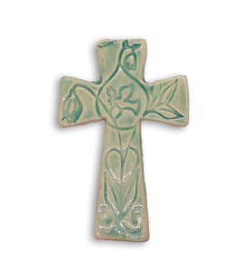 A textured mint green Byzantine cross ceramic mosaic insert depicting flowers and a peace dove.