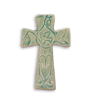 A textured mint green Byzantine cross ceramic mosaic insert depicting flowers and a peace dove.