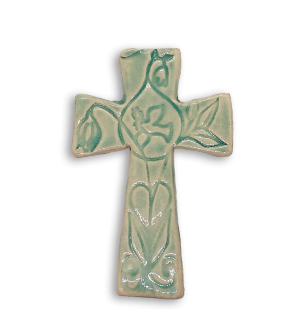 A textured mint green Byzantine cross ceramic mosaic insert depicting flowers and a peace dove.