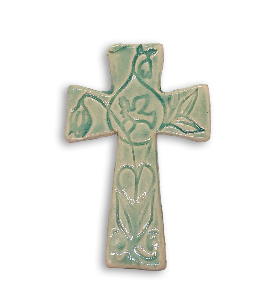 A textured mint green Byzantine cross ceramic mosaic insert depicting flowers and a peace dove.
