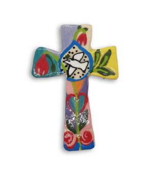 A hand-painted Byzantine cross ceramic mosaic insert depicting red flowers and a peace dove.