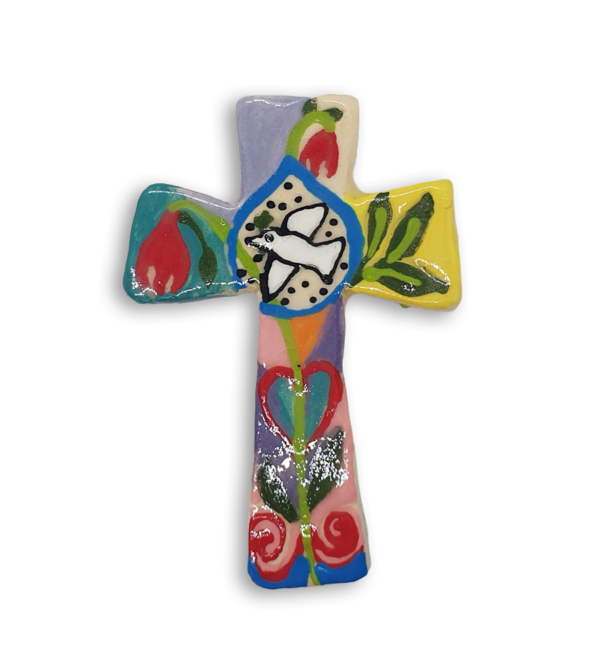 A hand-painted Byzantine cross ceramic mosaic insert depicting red flowers and a peace dove.