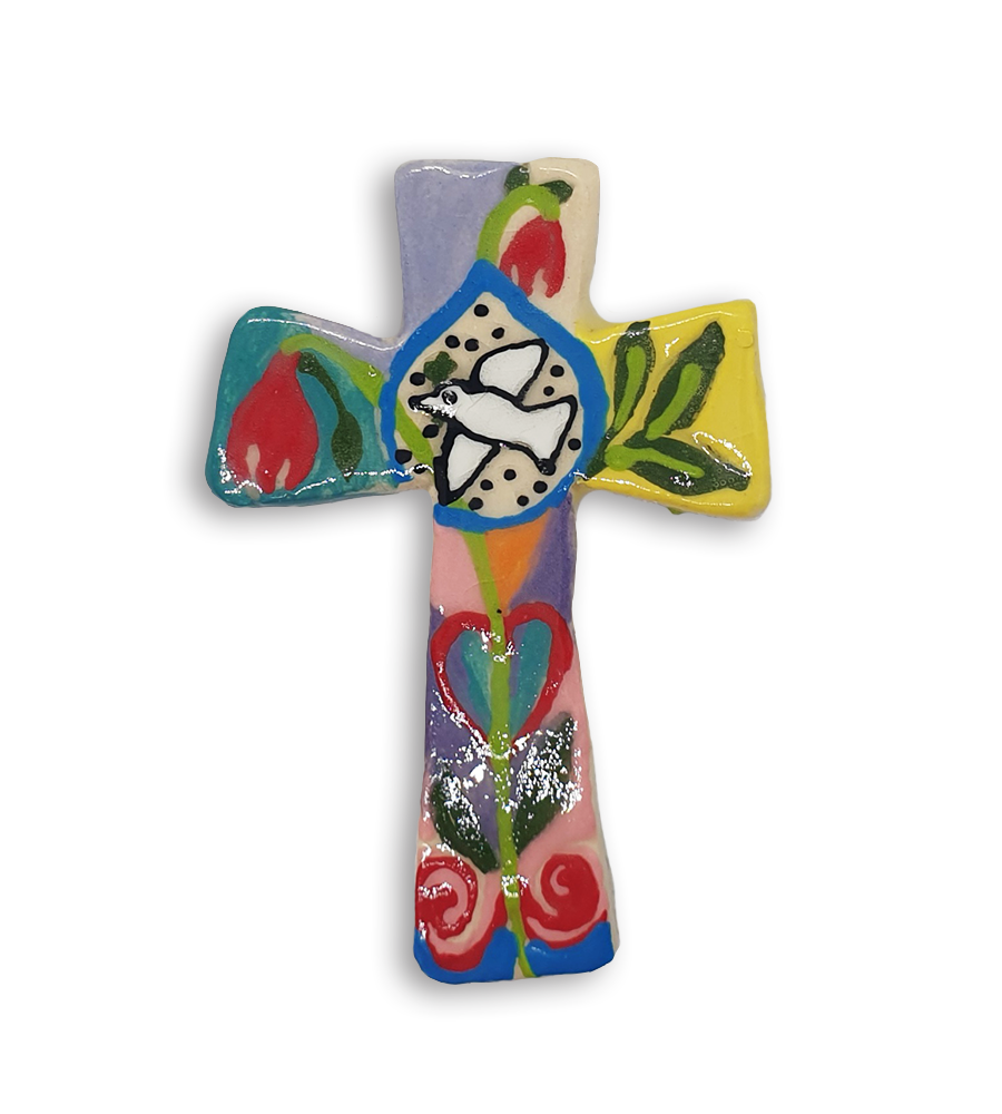 A hand-painted Byzantine cross ceramic mosaic insert depicting red flowers and a peace dove.