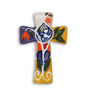 A hand-painted Byzantine cross ceramic mosaic insert depicting orange flowers and a peace dove.