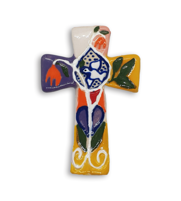 A hand-painted Byzantine cross ceramic mosaic insert depicting orange flowers and a peace dove.