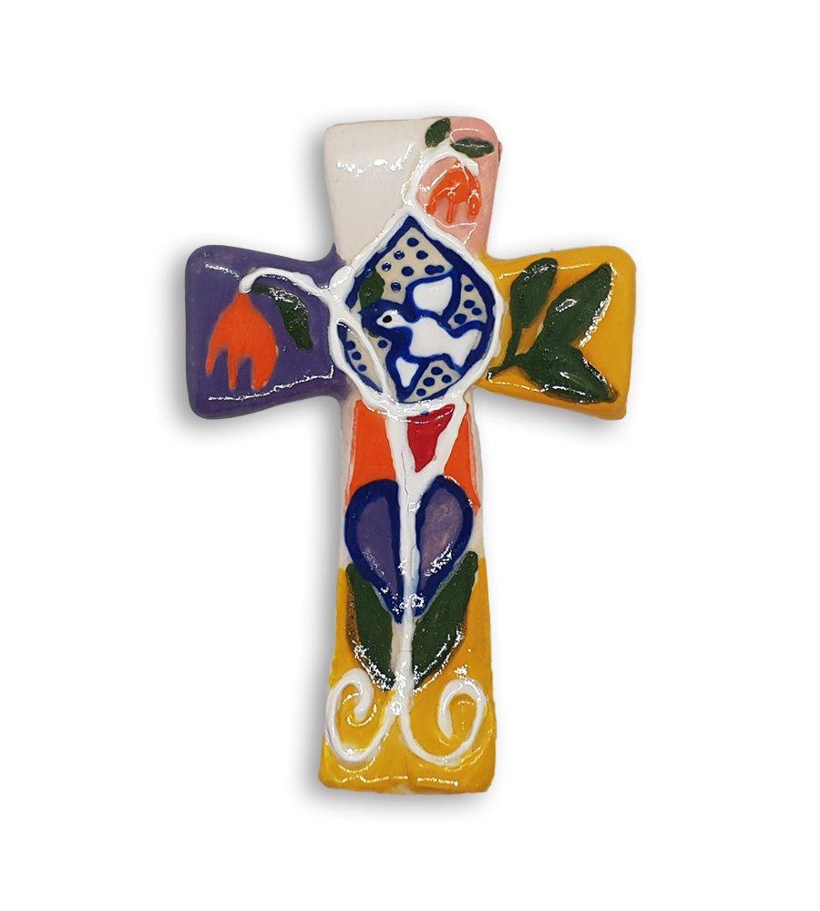 A hand-painted Byzantine cross ceramic mosaic insert depicting orange flowers and a peace dove.