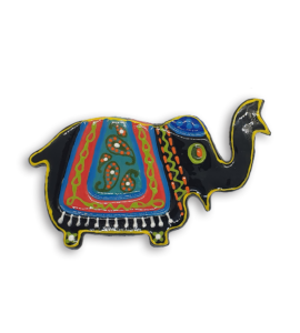 A black hand-painted Indian elephant ceramic mosaic insert with a yellow rim and green eyes.