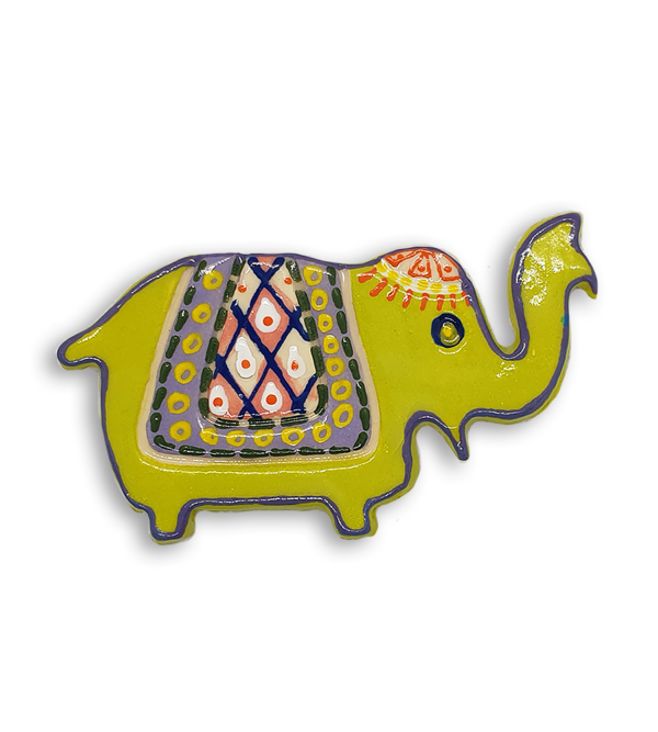 A chartreuse Indian elephant ceramic mosaic insert with hand-painted purple designs.