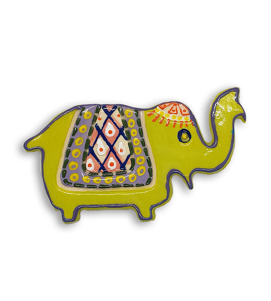 A chartreuse Indian elephant ceramic mosaic insert with hand-painted purple designs.