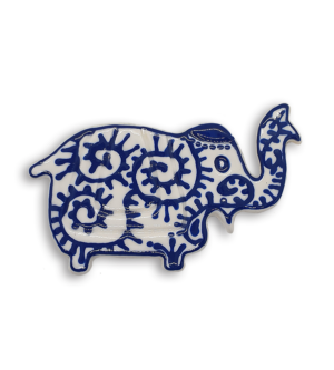 A white Indian elephant ceramic mosaic insert with hand-painted blue spiral designs.