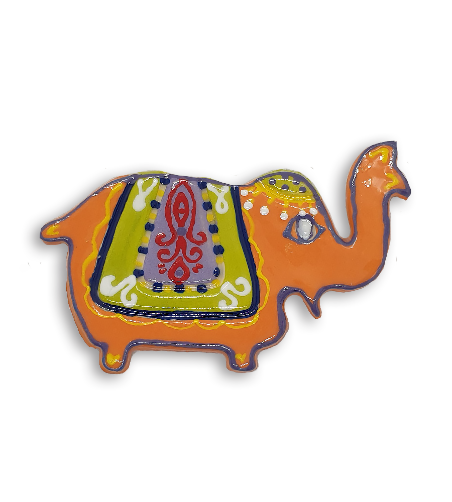 An orange Indian elephant ceramic mosaic insert with hand-painted purple designs.