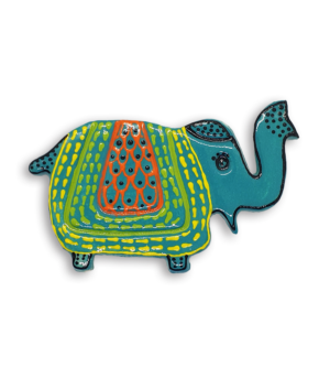 A blue Indian elephant ceramic mosaic insert with hand-painted yellow, green, orange and black designs.