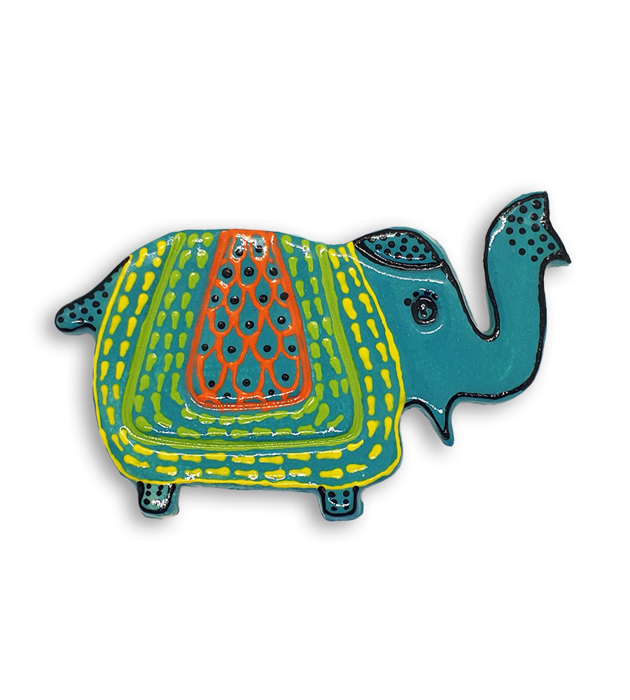 A blue Indian elephant ceramic mosaic insert with hand-painted yellow, green, orange and black designs.
