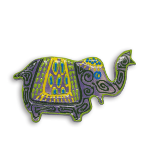 A purple Indian elephant ceramic mosaic insert with hand-painted green and yellow designs.