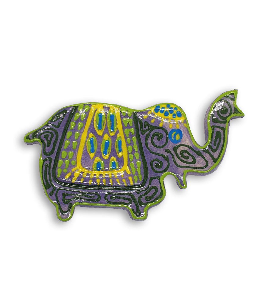 A purple Indian elephant ceramic mosaic insert with hand-painted green and yellow designs.