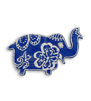 A blue Indian elephant ceramic mosaic insert with hand-painted white floral designs.