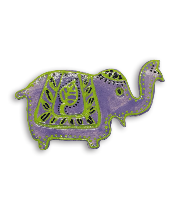 A purple Indian elephant ceramic mosaic insert with hand-painted green designs.