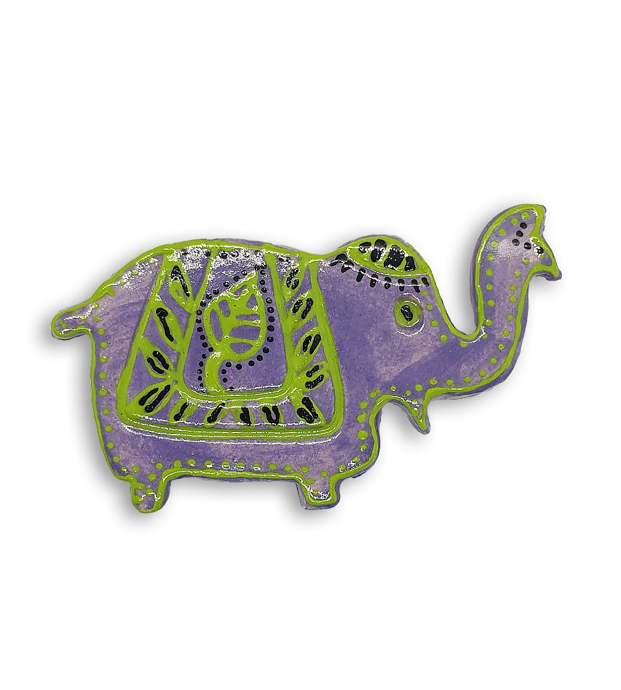 A purple Indian elephant ceramic mosaic insert with hand-painted green designs.