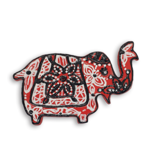 A red Indian elephant ceramic mosaic insert with hand-painted black and white designs.