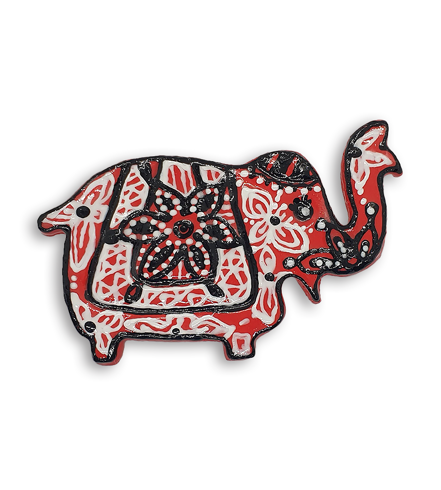A red Indian elephant ceramic mosaic insert with hand-painted black and white designs.