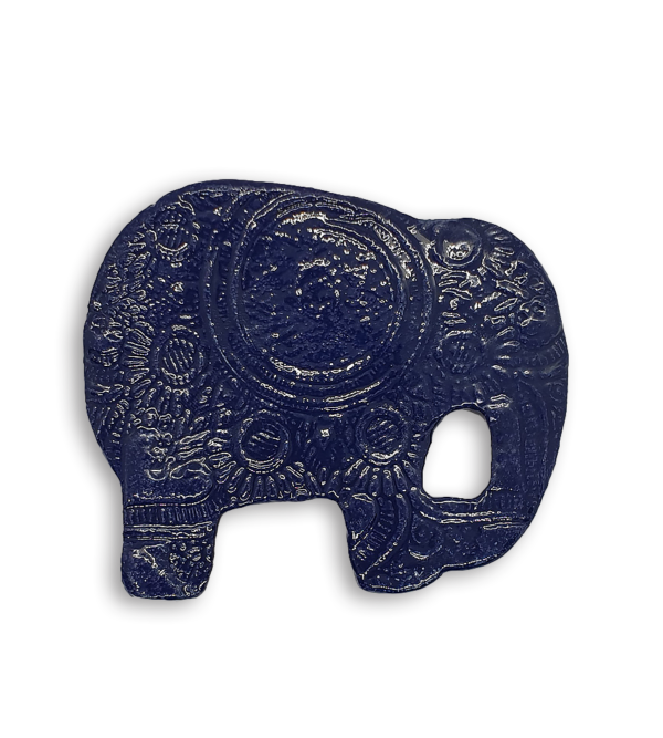 A dark blue embossed and textured elephant ceramic mosaic insert.