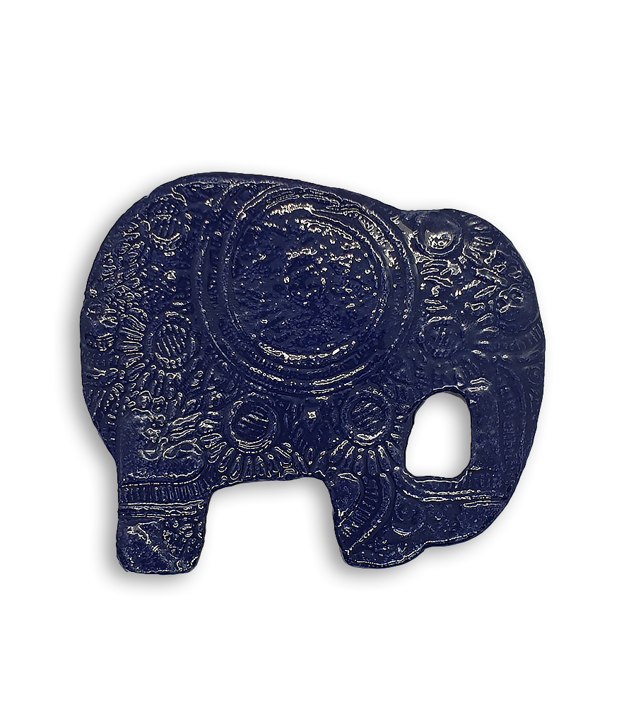 A dark blue embossed and textured elephant ceramic mosaic insert.