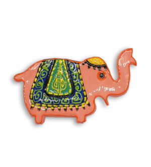 A peachy pink hand-painted Indian elephant ceramic mosaic insert with an orange rim.