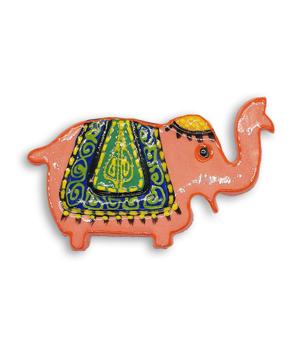 A peachy pink hand-painted Indian elephant ceramic mosaic insert with an orange rim.