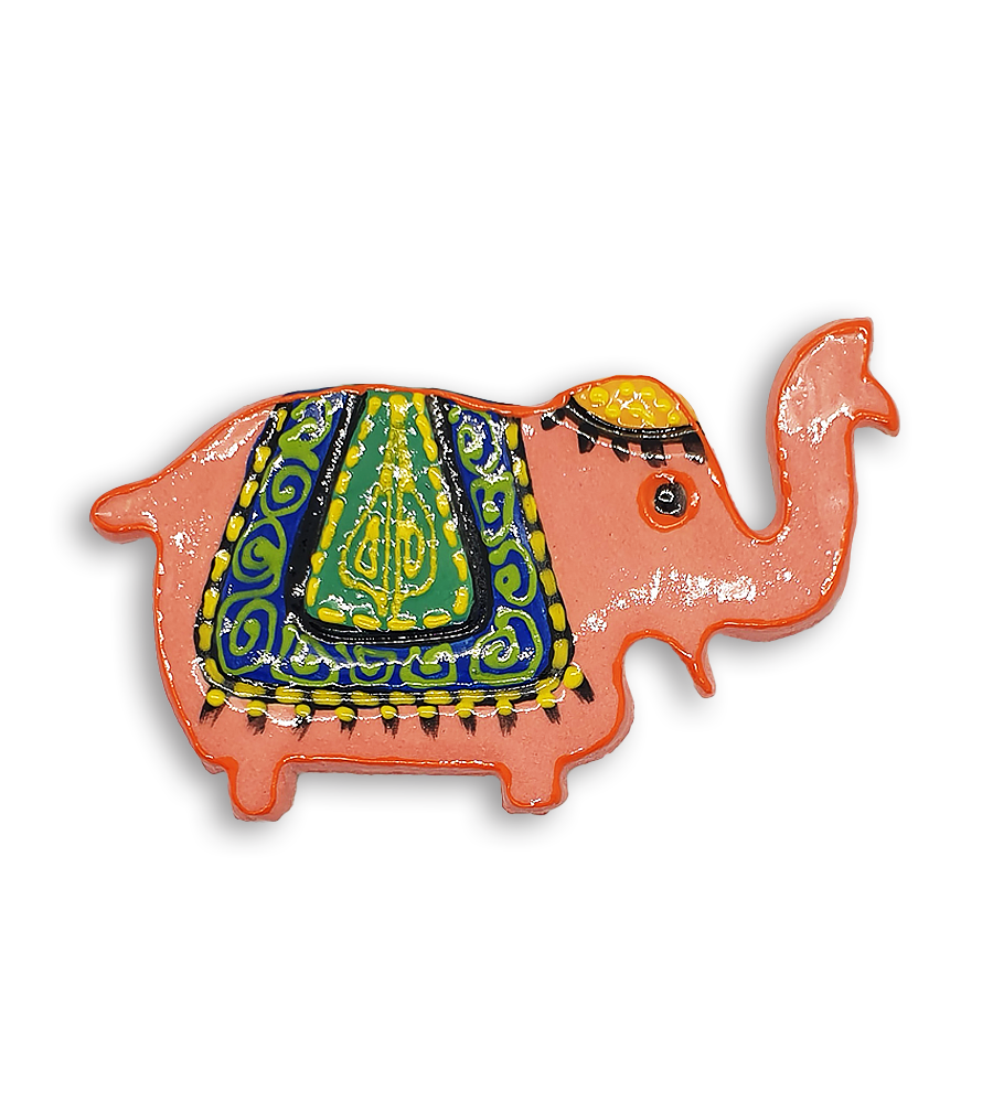 A peachy pink hand-painted Indian elephant ceramic mosaic insert with an orange rim.