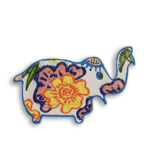 A white hand-painted Indian elephant ceramic mosaic insert with pink and yellow floral patterns.