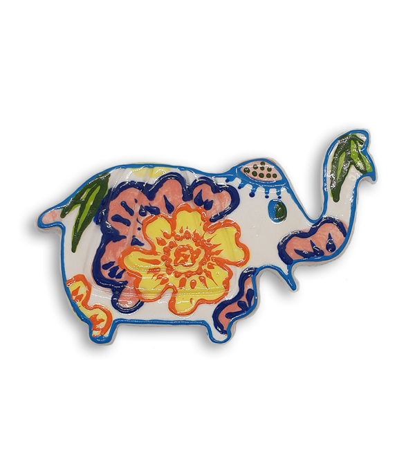 A white hand-painted Indian elephant ceramic mosaic insert with pink and yellow floral patterns.