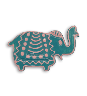 A blue Indian elephant ceramic mosaic insert with hand-painted pink designs.