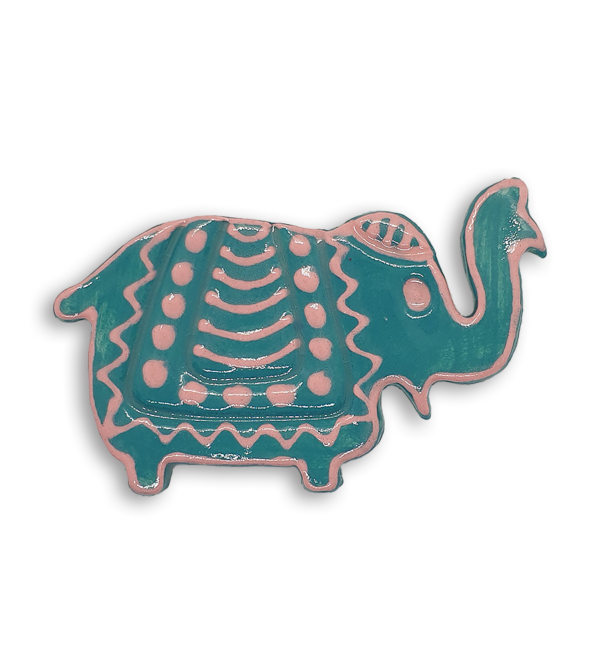 A blue Indian elephant ceramic mosaic insert with hand-painted pink designs.