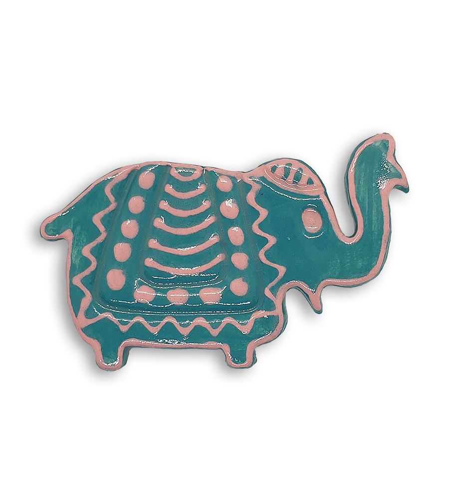 A blue Indian elephant ceramic mosaic insert with hand-painted pink designs.