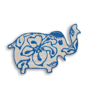 A white Indian elephant ceramic mosaic insert with hand-painted blue floral designs.