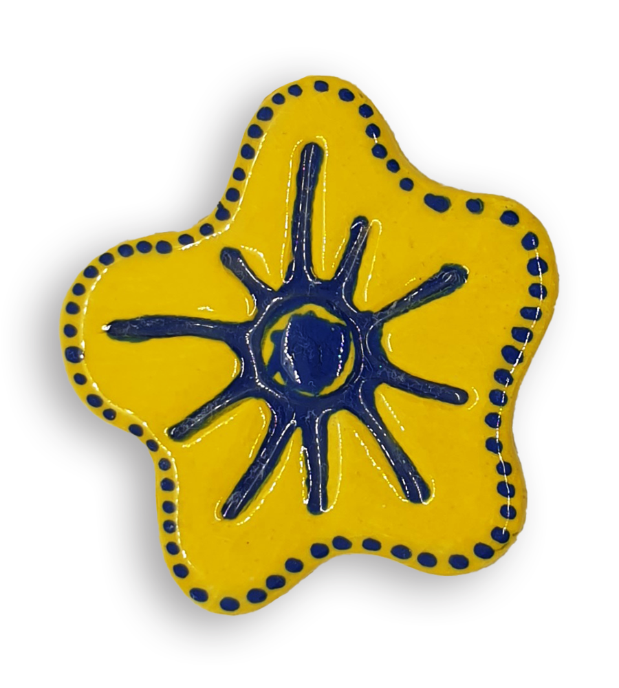 A hand-painted sunshine yellow anemone ceramic mosaic insert with a rim of blue dots.