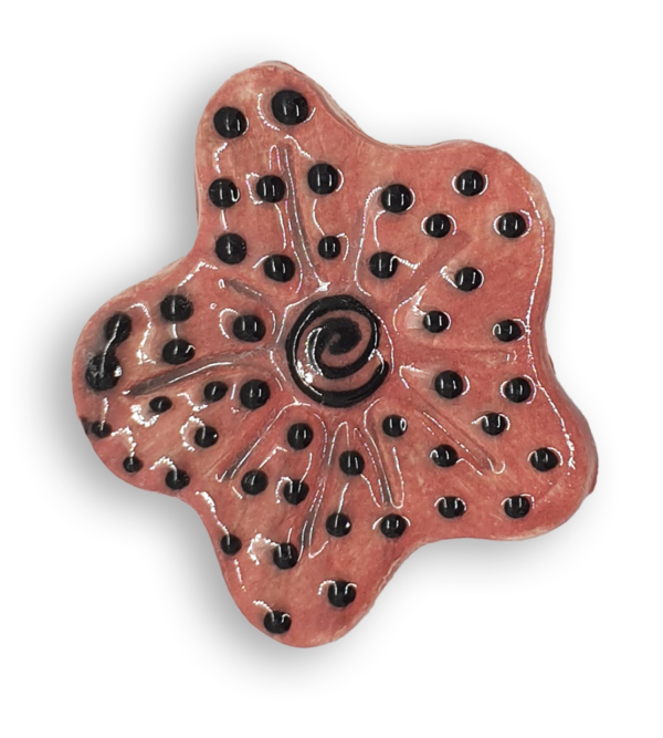 A hand-painted coral pink anemone ceramic mosaic insert with a black spiral at the centre, and a black dot design.